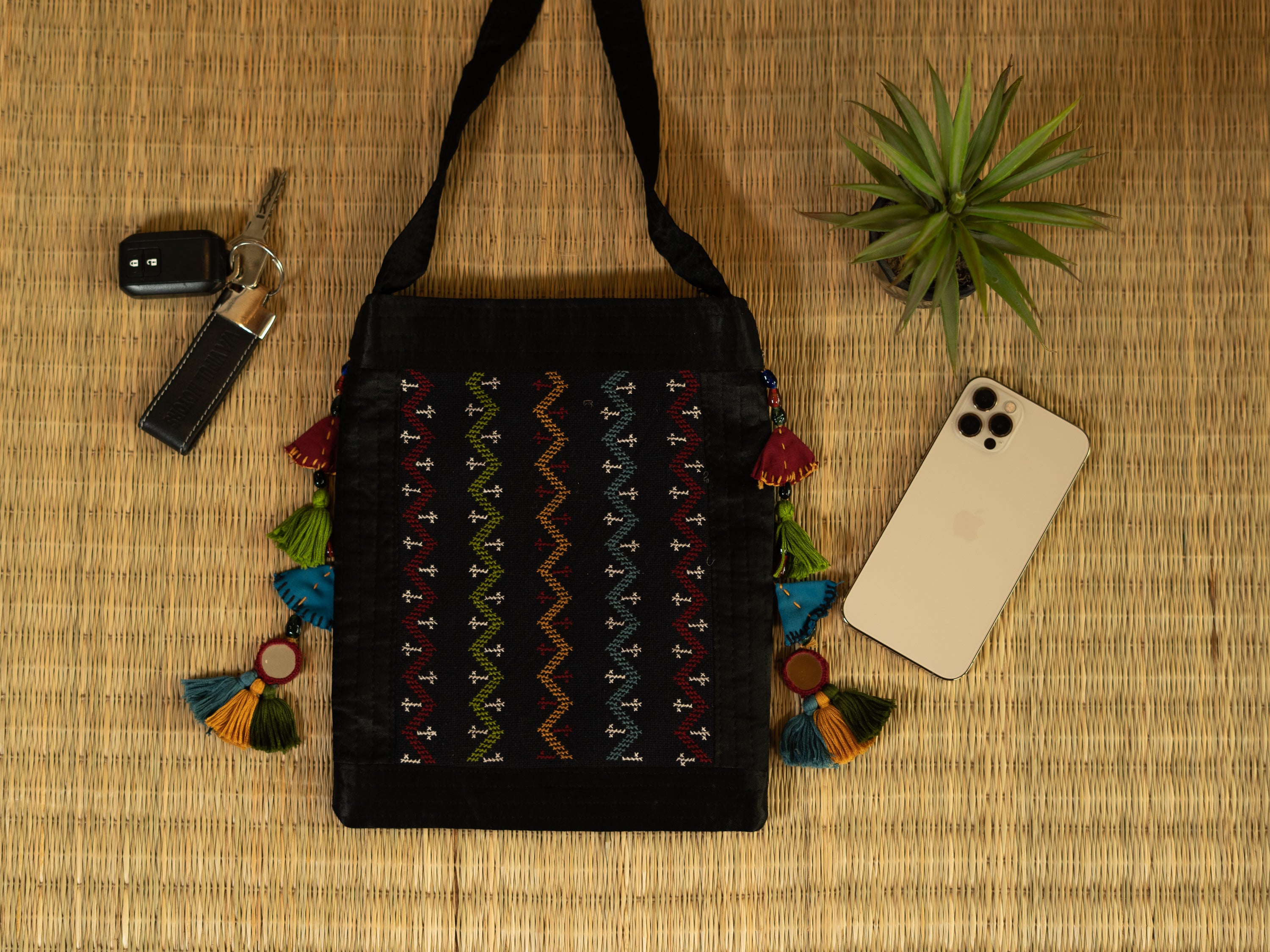 Black - Cotton Fabric Hand Embroidered Sling Bag