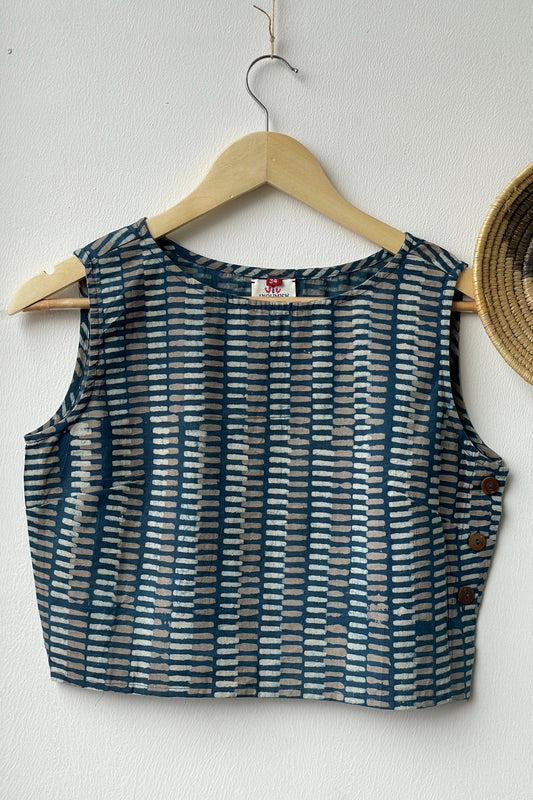 INDIGO BLOCK PRINTED COTTON SLEEVLESS BLOUSE
