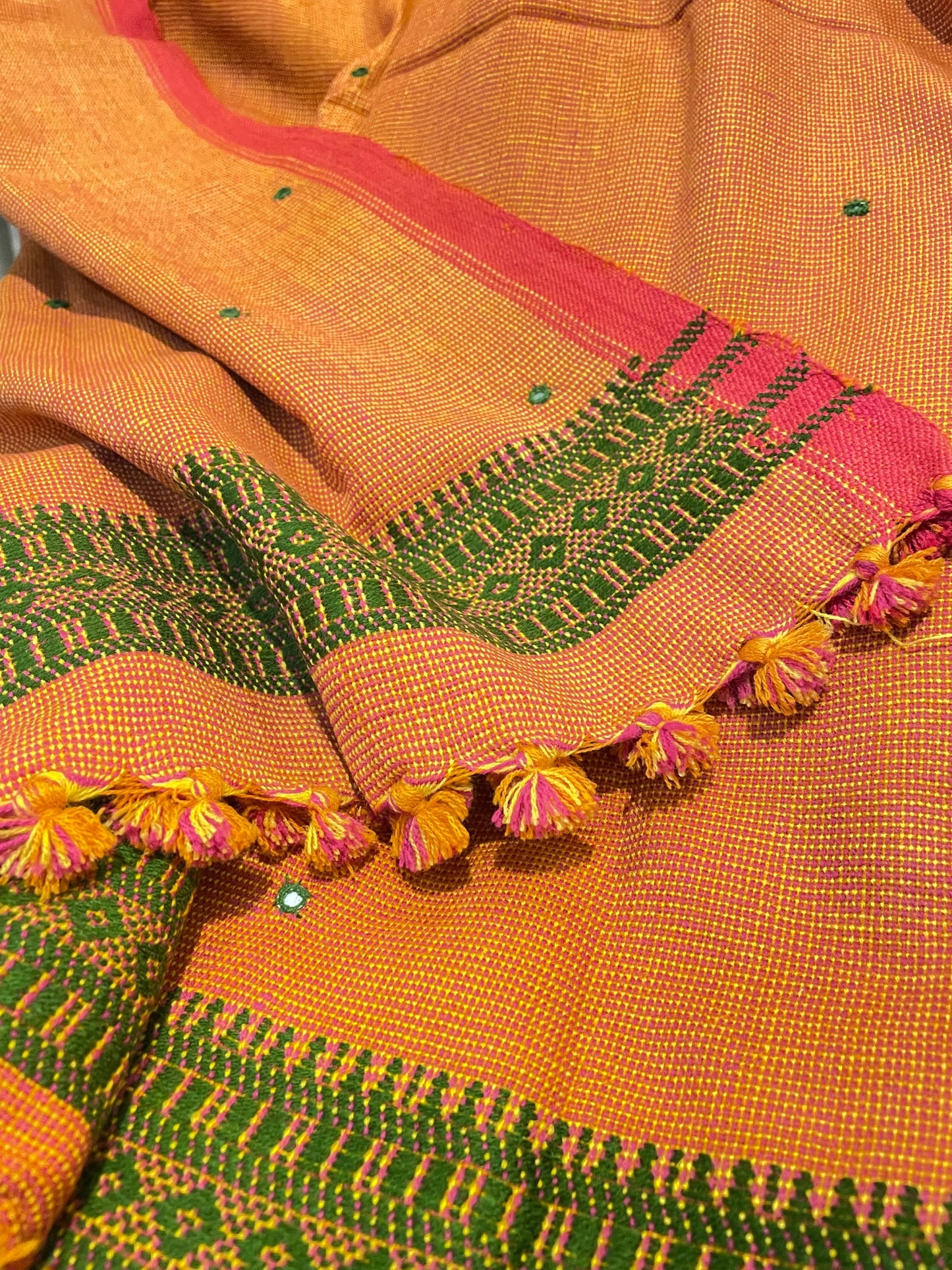 ORANGE AND GREEN BHUJODI SHAWL