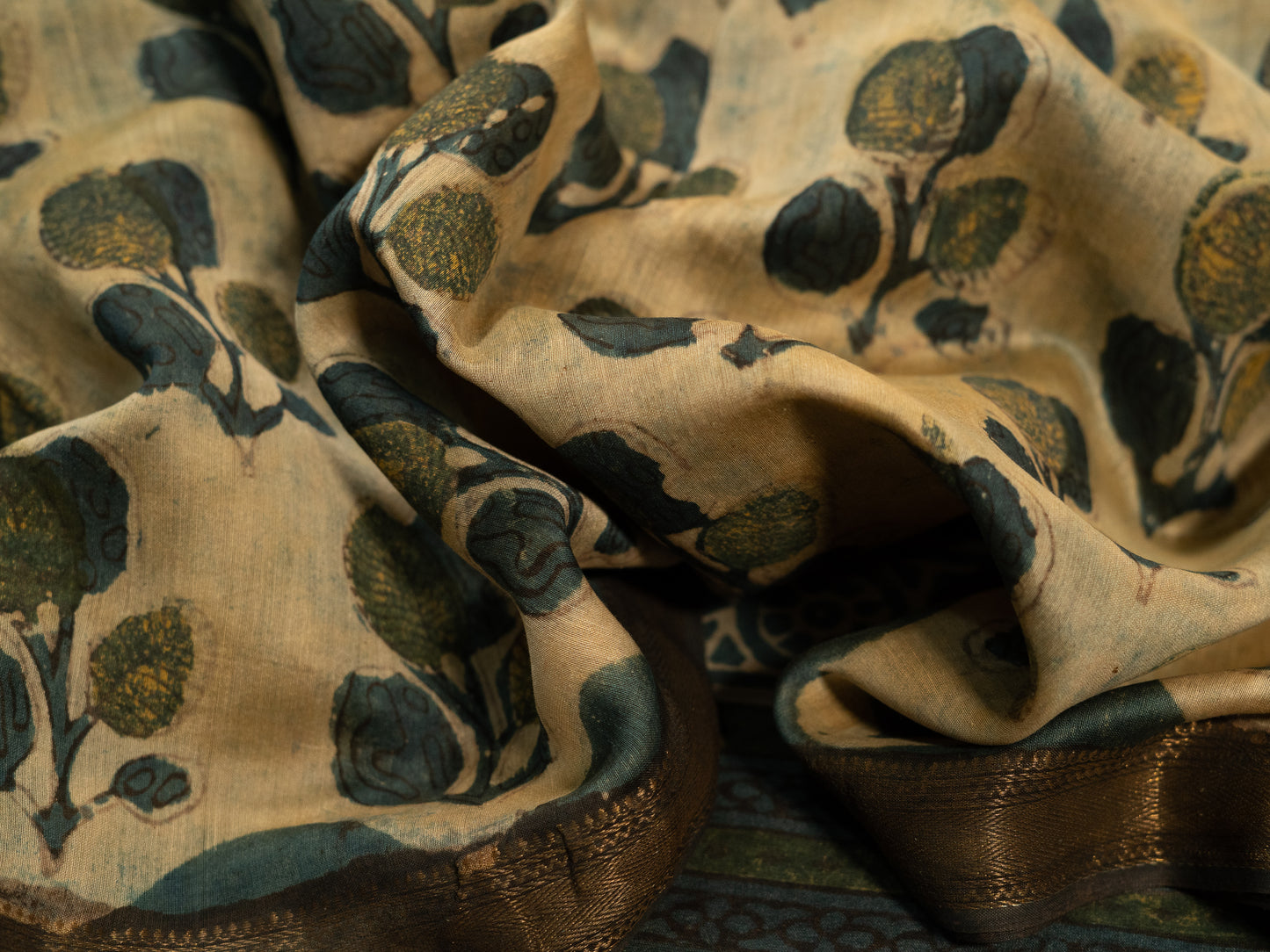 INDIGO 'VANASPATI' BLOCK PRINT MAHESHWARI SILK COTTON SARI