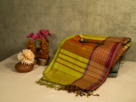 YELLOWISH GREEN MAROON CHECK MAHESHWARI HANDLOOM SARI