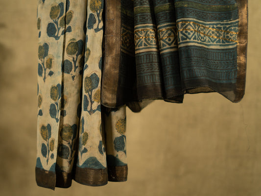 INDIGO 'VANASPATI' BLOCK PRINT MAHESHWARI SILK COTTON SARI