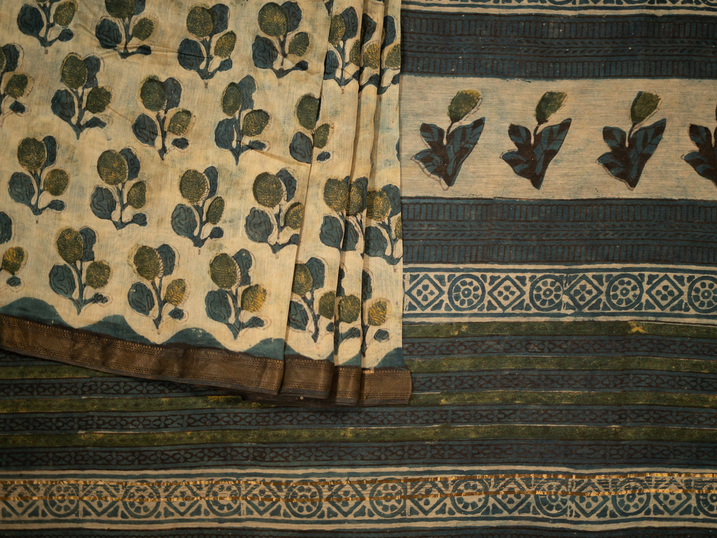 INDIGO 'VANASPATI' BLOCK PRINT MAHESHWARI SILK COTTON SARI