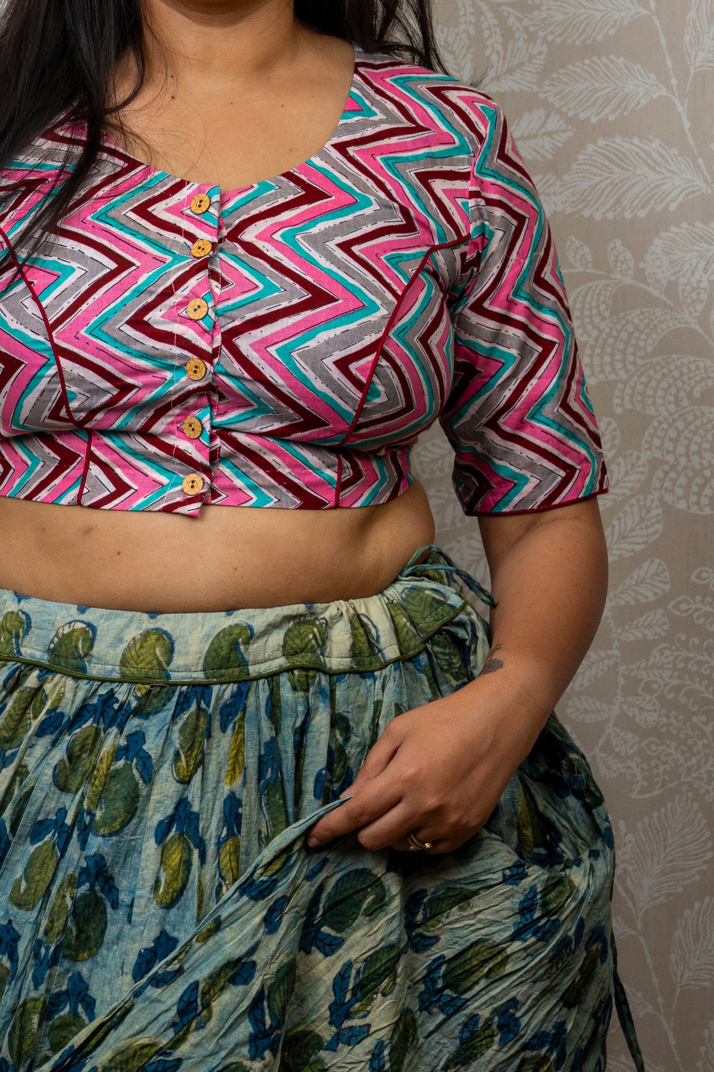 PINK GREY BLUE MAROON BLOCK PRINTED COTTON BLOUSE