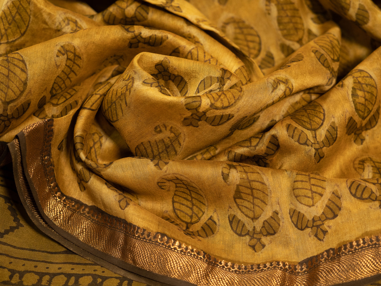 GOLDEN YELLOW 'VANASPATI' BLOCK PRINT MAHESHWARI SILK COTTON SARI