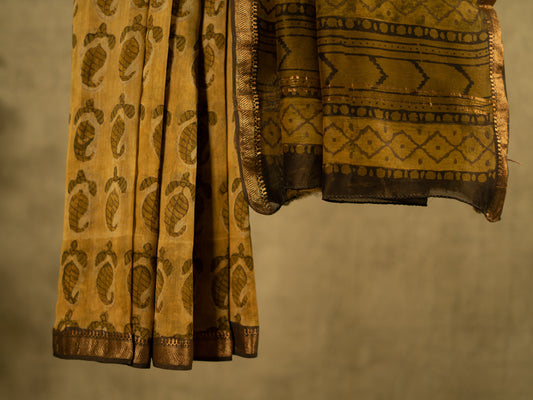 GOLDEN YELLOW 'VANASPATI' BLOCK PRINT MAHESHWARI SILK COTTON SARI