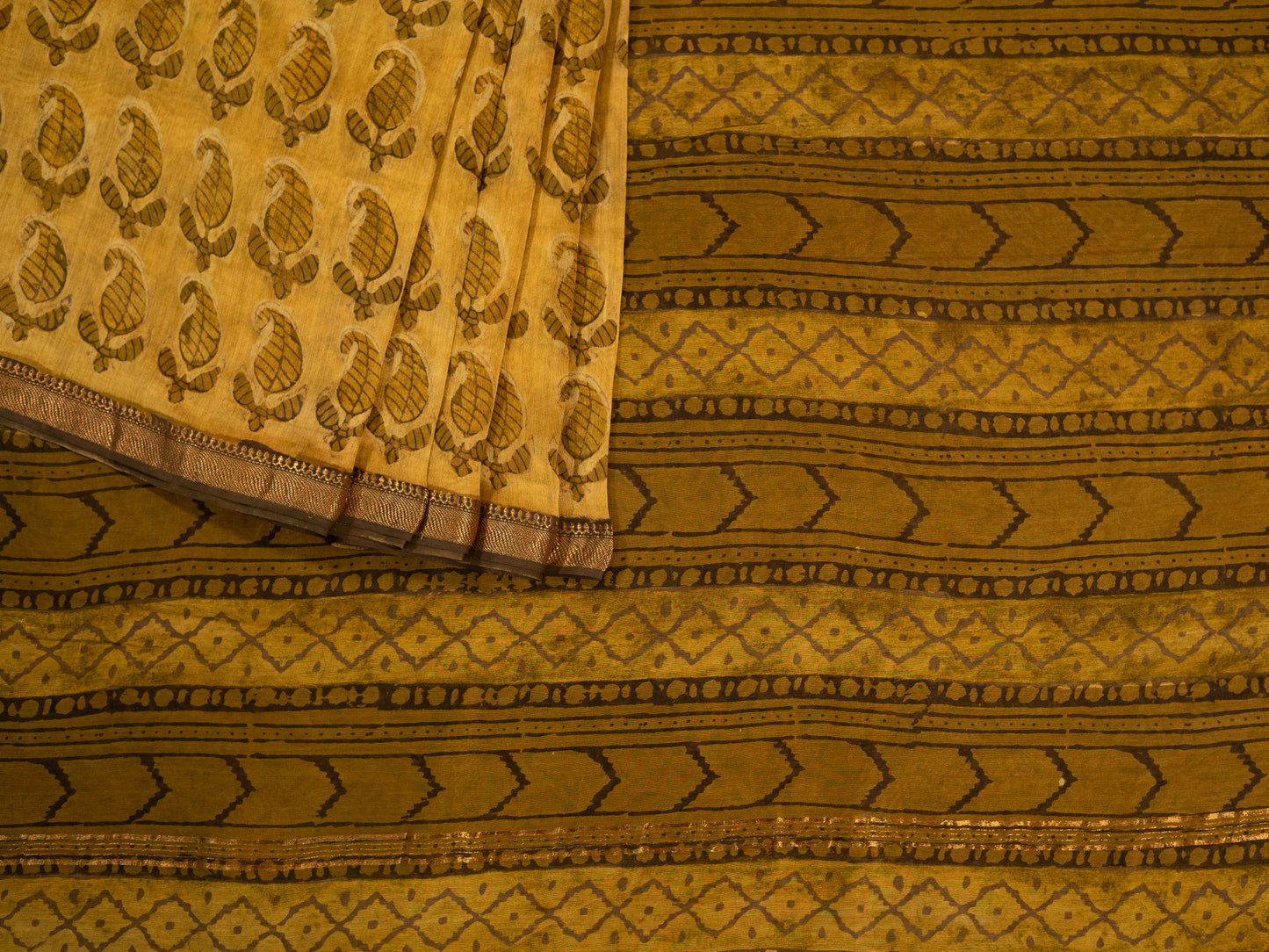 GOLDEN YELLOW 'VANASPATI' BLOCK PRINT MAHESHWARI SILK COTTON SARI