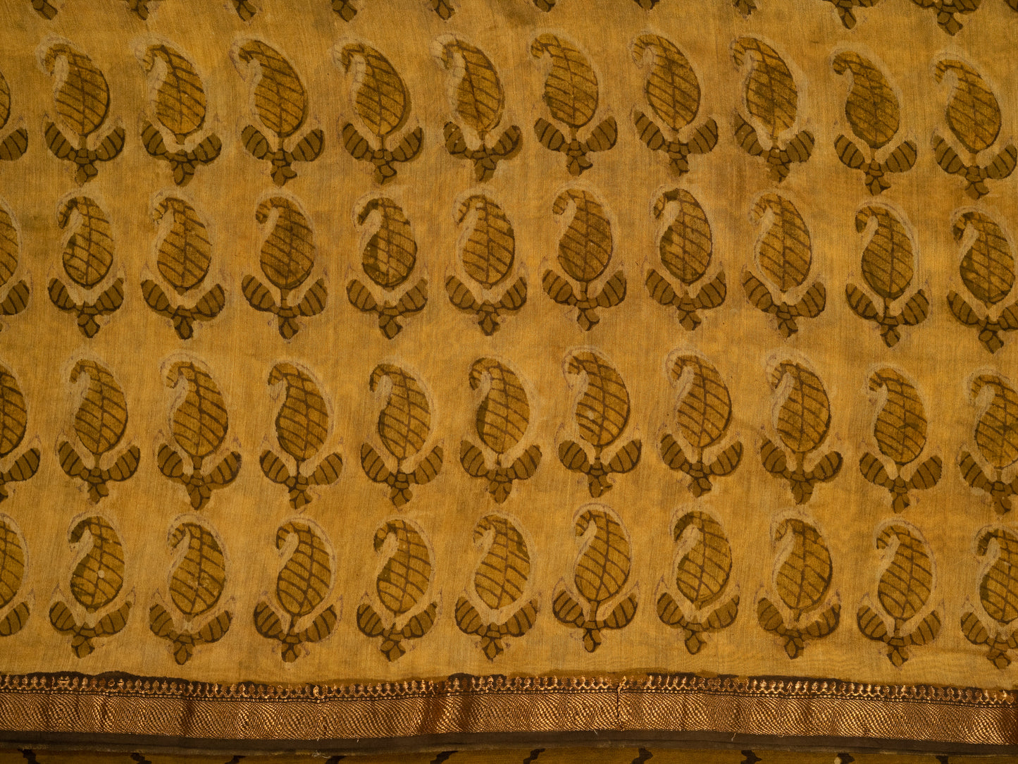 GOLDEN YELLOW 'VANASPATI' BLOCK PRINT MAHESHWARI SILK COTTON SARI