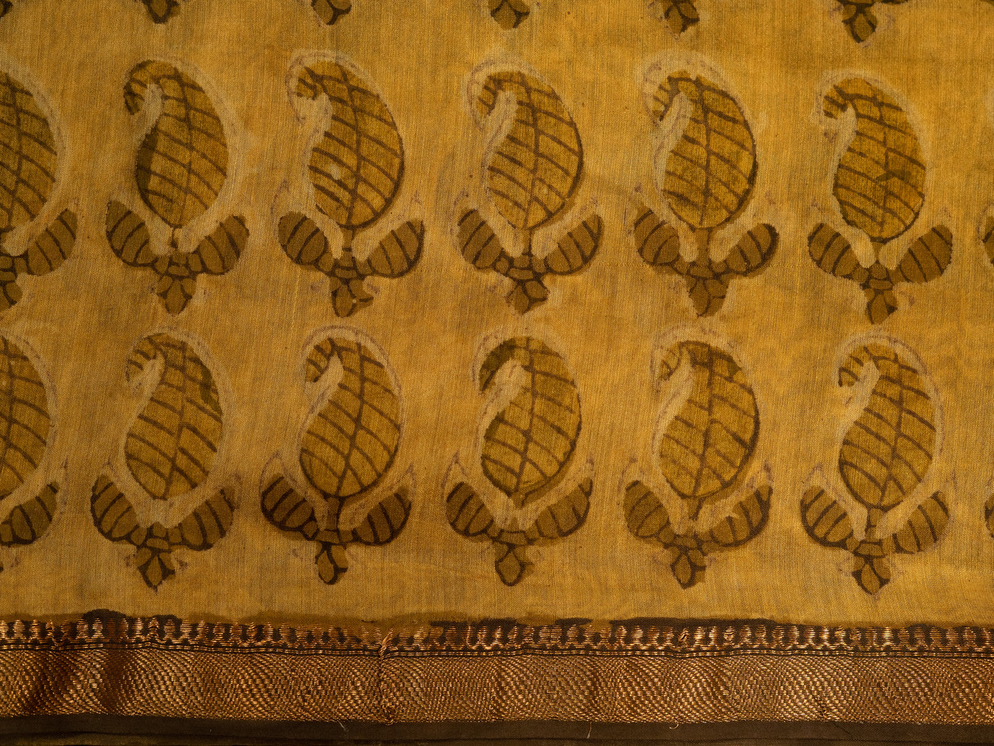 GOLDEN YELLOW 'VANASPATI' BLOCK PRINT MAHESHWARI SILK COTTON SARI