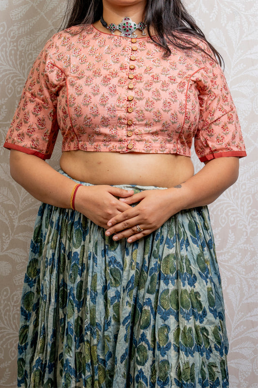 PEACH & RED BLOCK PRINTED COTTON BLOUSE