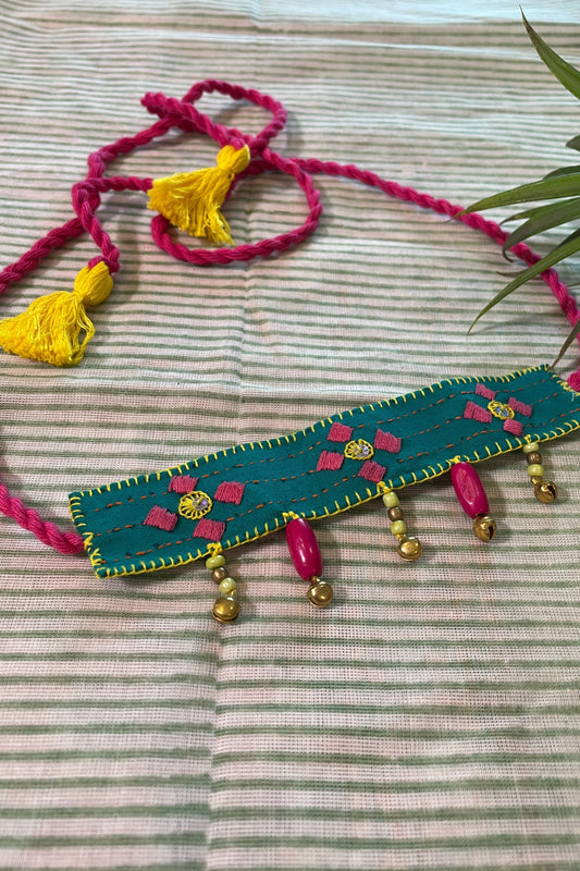 GREEN PINK FABRIC HAND EMBROIDERED CHOKER