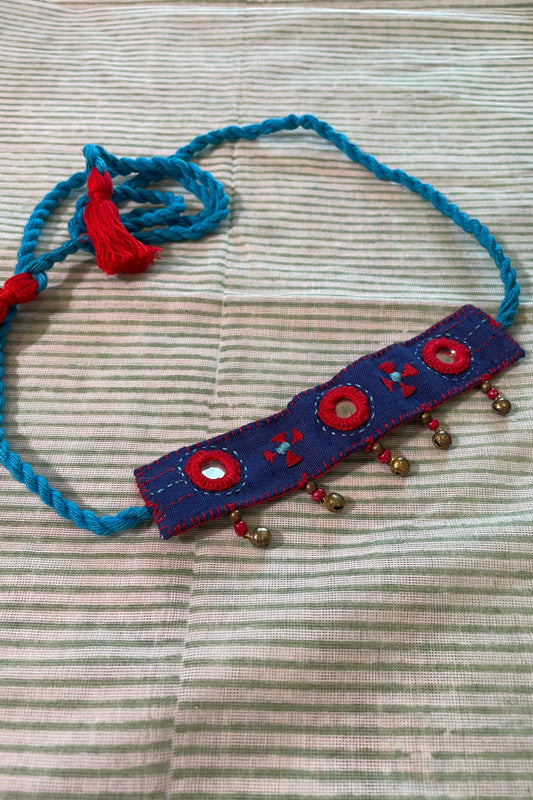 BLUE RED FABRIC HAND EMBROIDERED CHOKER