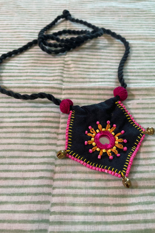 BLACK & PINK FABRIC HAND EMBROIDERED NECK-PIECE