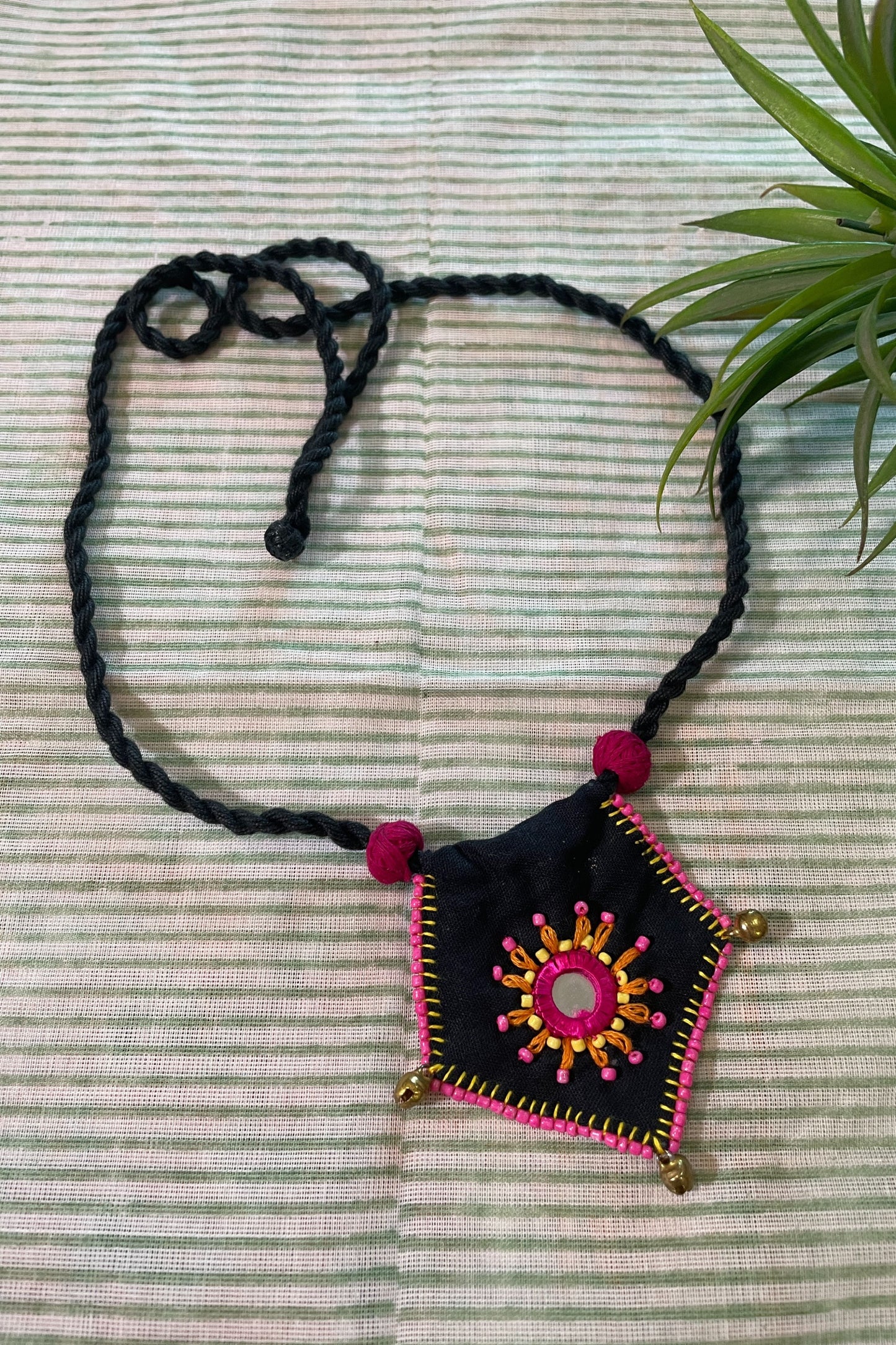 BLACK & PINK FABRIC HAND EMBROIDERED NECK-PIECE