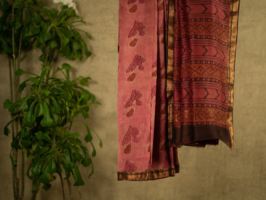 PINK 'VANASPATI' BLOCK PRINT MAHESHWARI SILK COTTON SARI