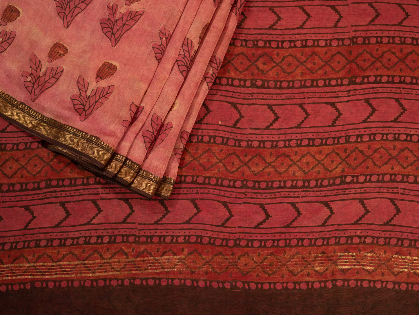 PINK 'VANASPATI' BLOCK PRINT MAHESHWARI SILK COTTON SARI