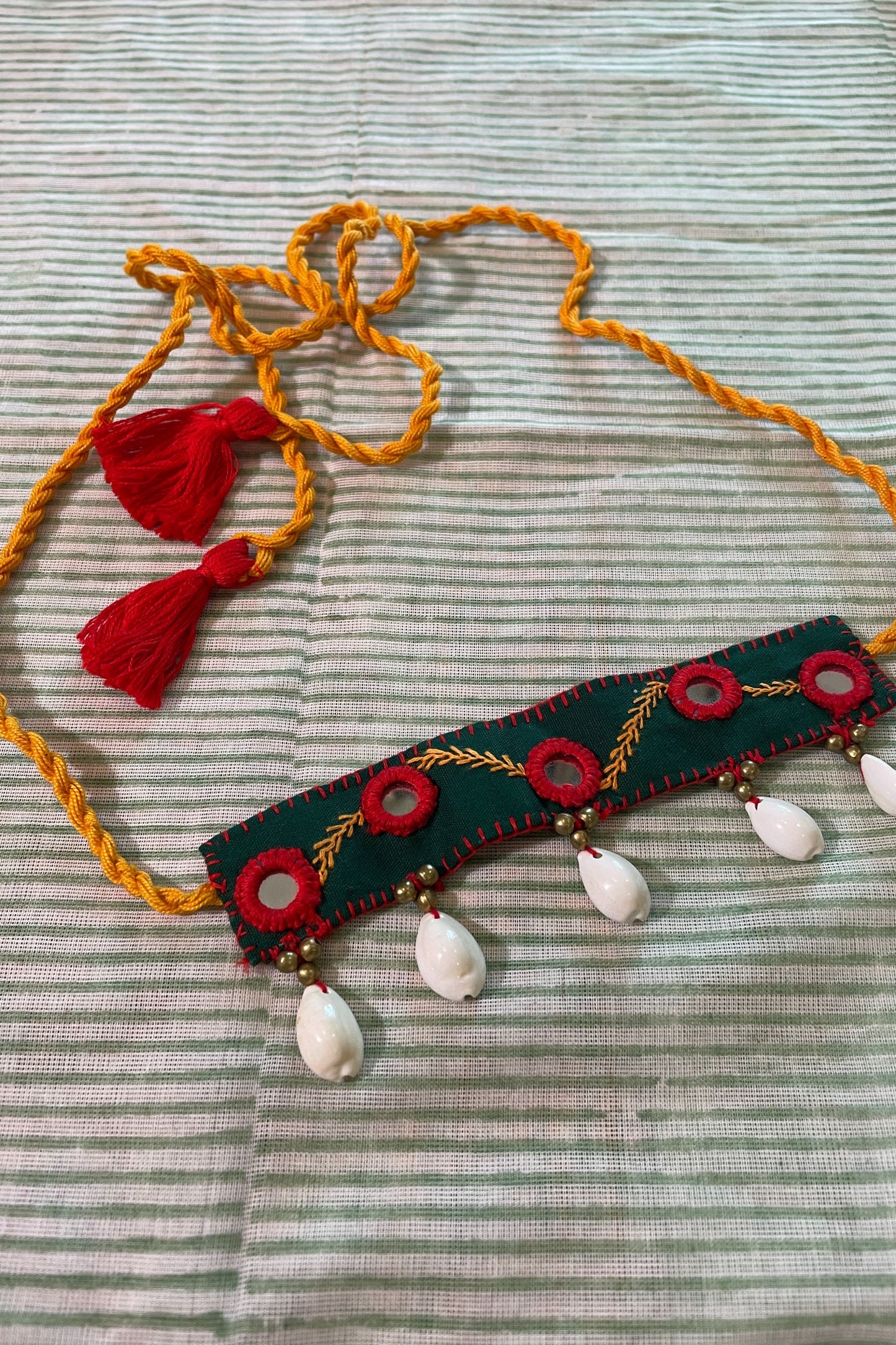 BOTTLE GREEN FABRIC HAND EMBROIDERED CHOKER