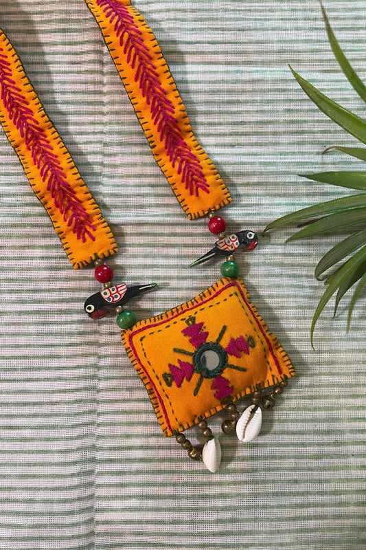 ORANGE FABRIC HAND EMBROIDERED PENDANT SET