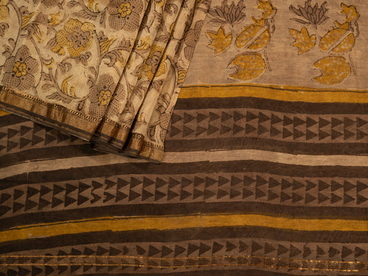 CREAMISH BROWN 'VANASPATI' BLOCK PRINT MAHESHWARI SILK COTTON SARI