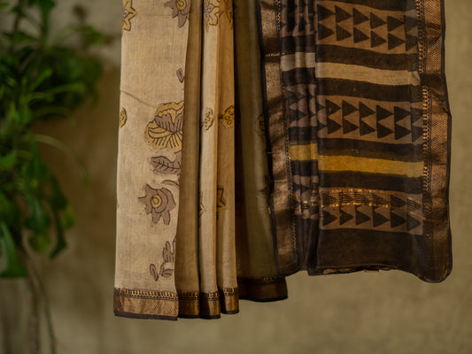 CREAMISH BROWN 'VANASPATI' BLOCK PRINT MAHESHWARI SILK COTTON SARI