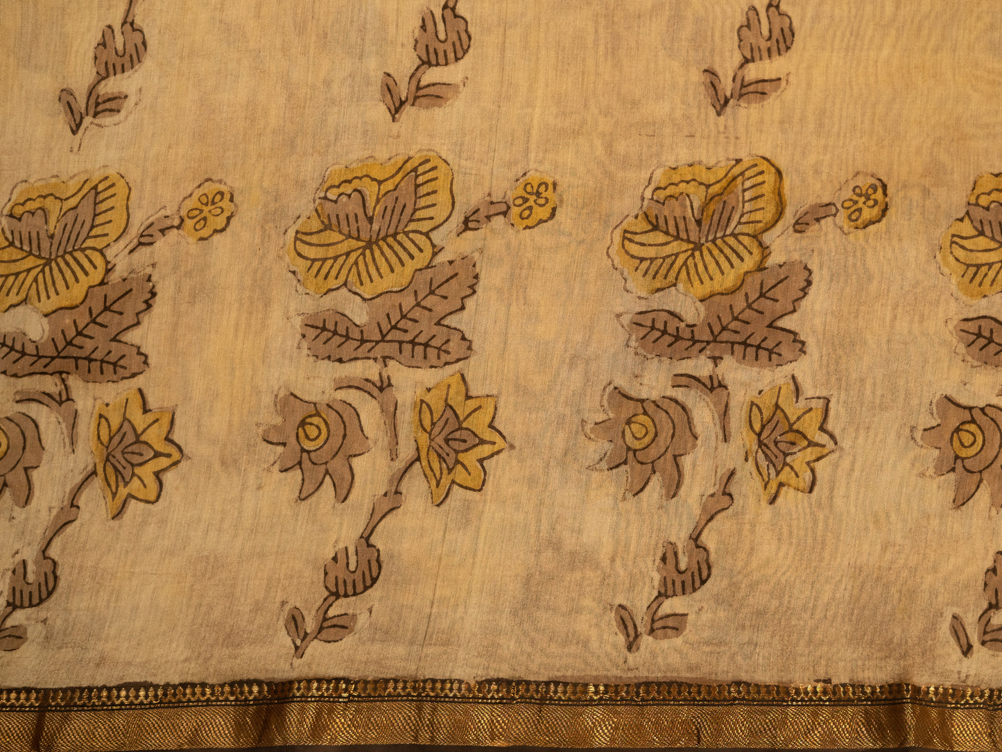 CREAMISH BROWN 'VANASPATI' BLOCK PRINT MAHESHWARI SILK COTTON SARI