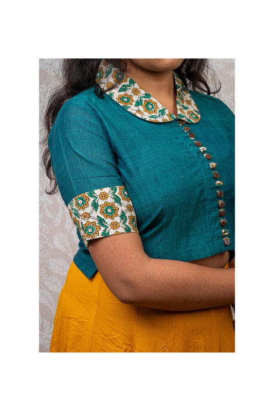 TEAL BLUE MANGLAGIRI HAND PAINTED BLOUSE