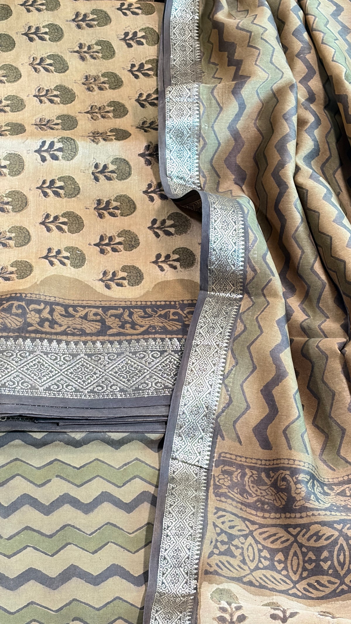 Beige & Olive Hand Print Suit