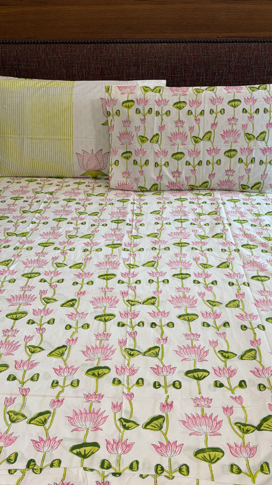 Pink Lotus & Sage Green Bedsheet