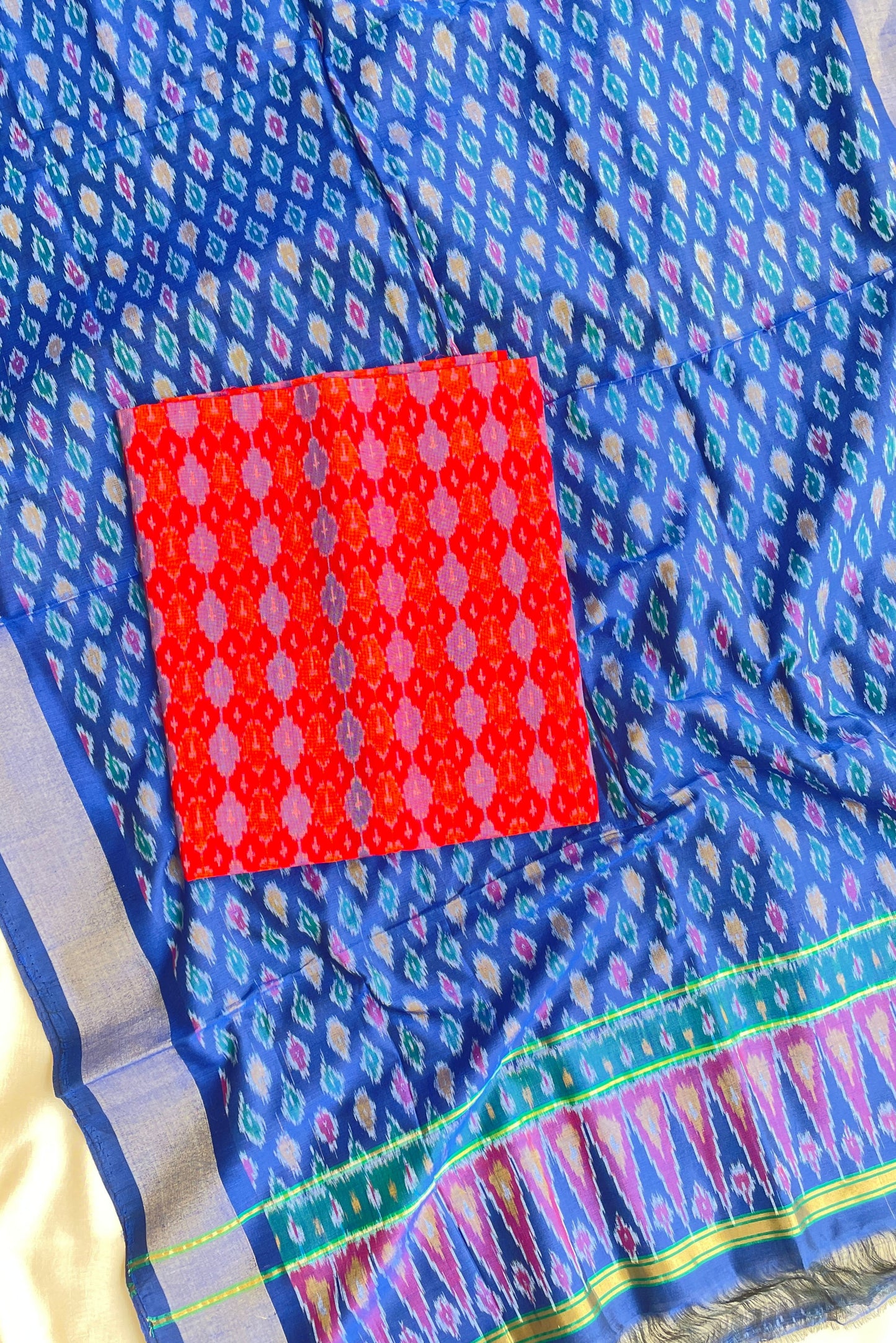 RED AND BLUE SINGLE IKKAT SILK COTTON SUIT