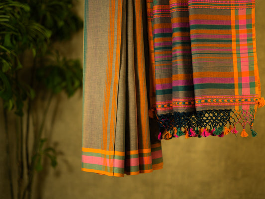 GREY ORANGE BHUJODI SARI