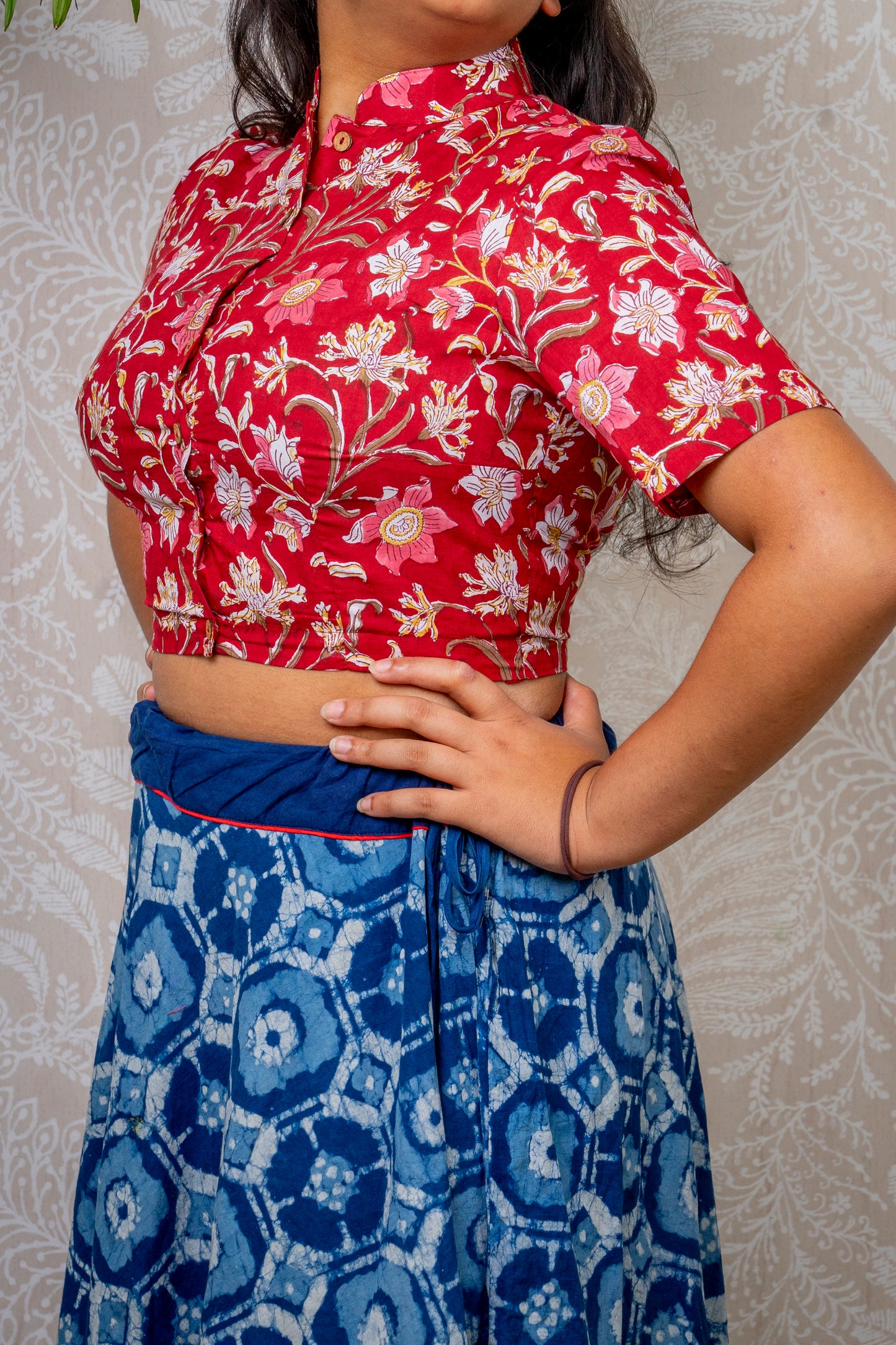 RED & WHITE FLORAL BLOCK PRINTED COTTON BLOUSE
