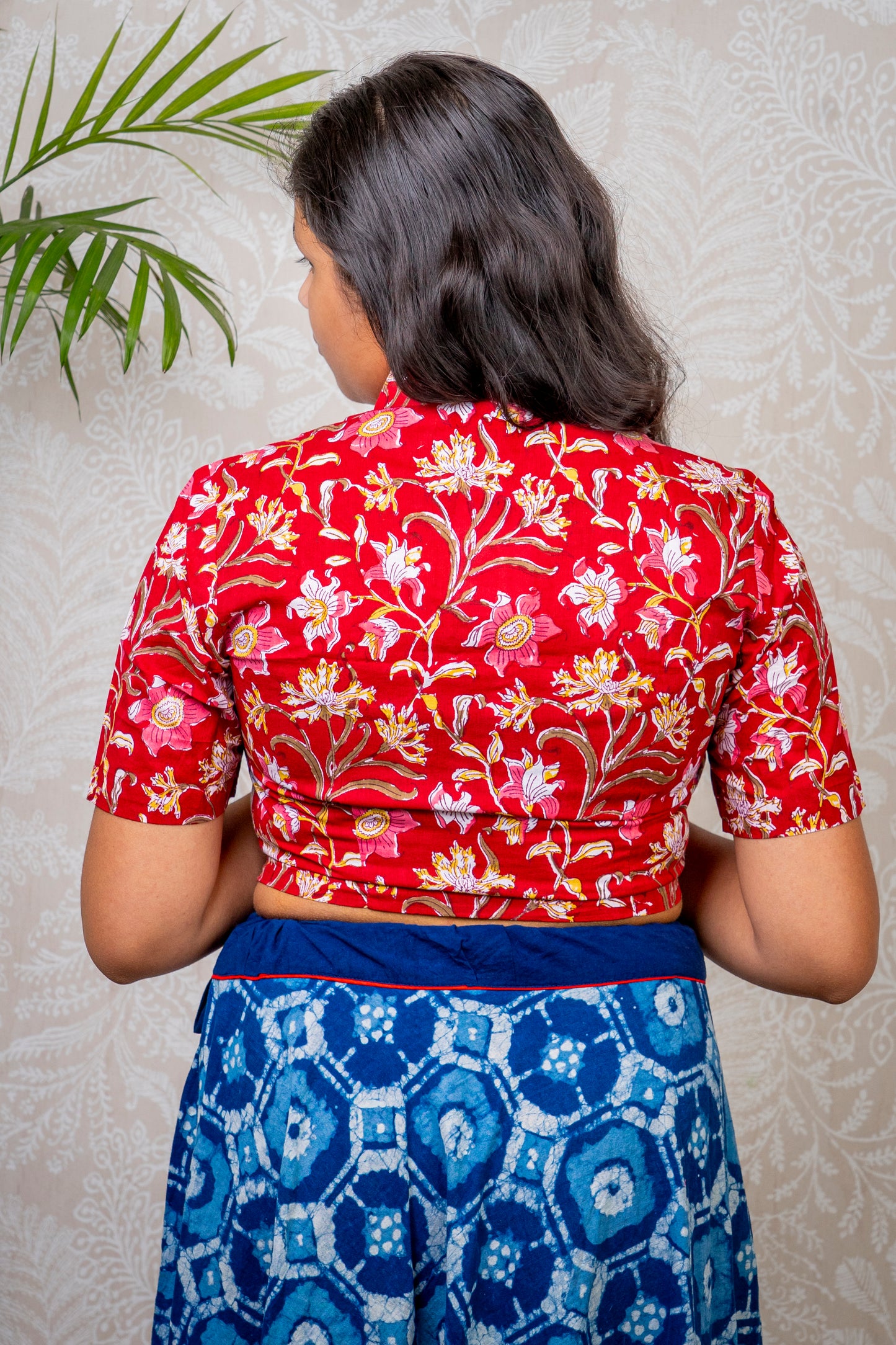 RED & WHITE FLORAL BLOCK PRINTED COTTON BLOUSE
