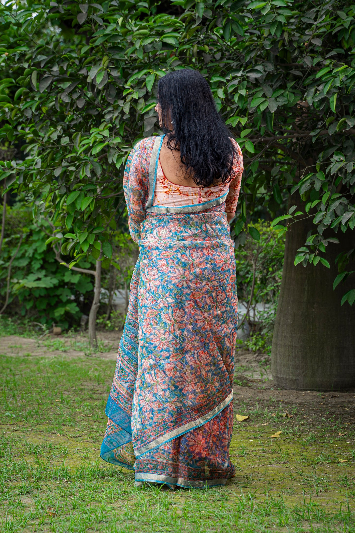 BLUE PEACH FLORAL BLOCK PRINT KOTA SILK SARI