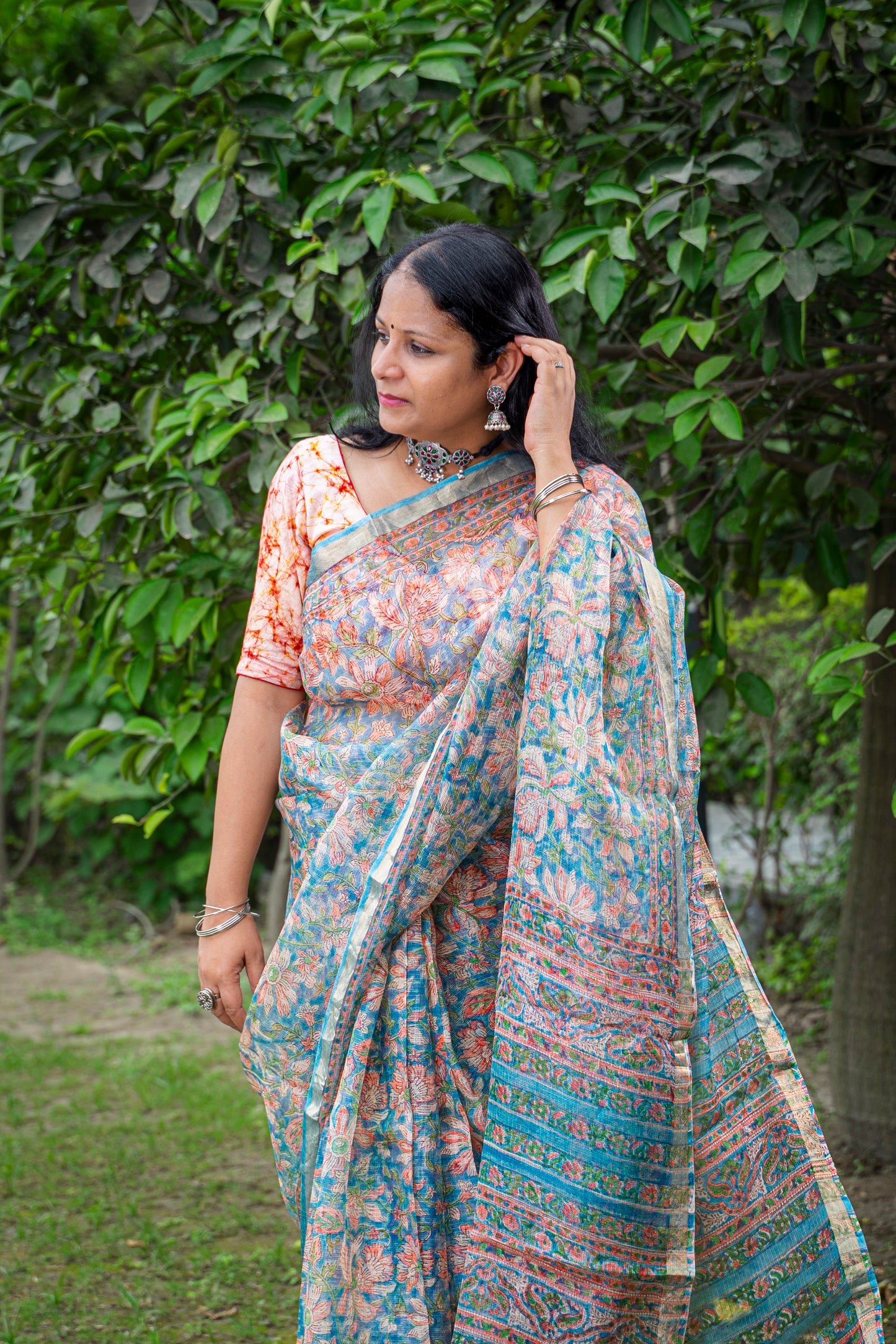 BLUE PEACH FLORAL BLOCK PRINT KOTA SILK SARI