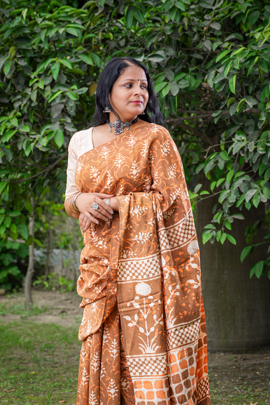 ORANGISH MUSTARD BLOCK PRINT COTTON SARI
