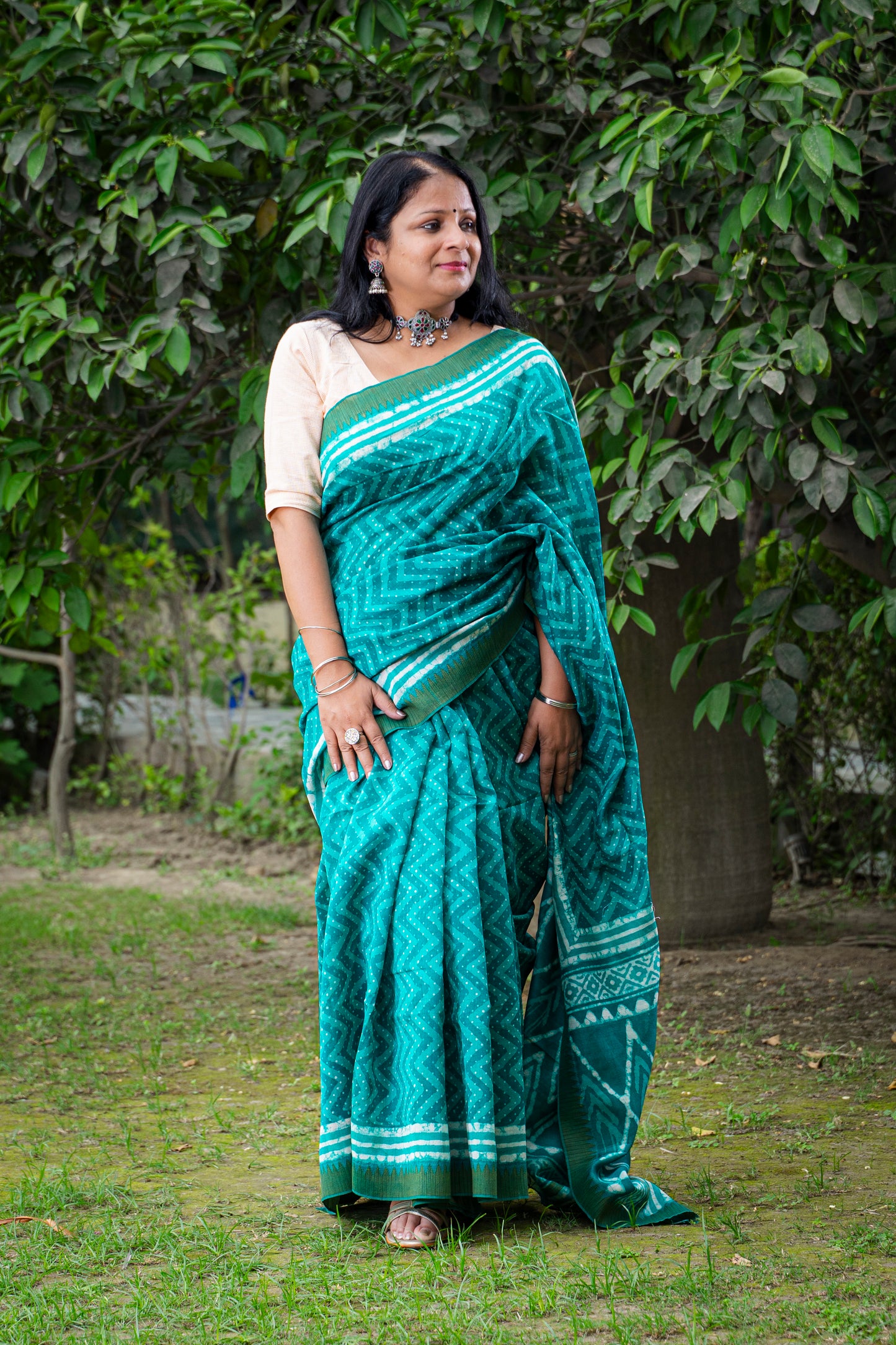 TIFFANY BLUE ZIG-ZAG BLOCK PRINT CHANDERI SARI