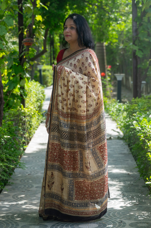 BEIGE-RED MOTIF BLOCK PRINT CHANDERI SARI