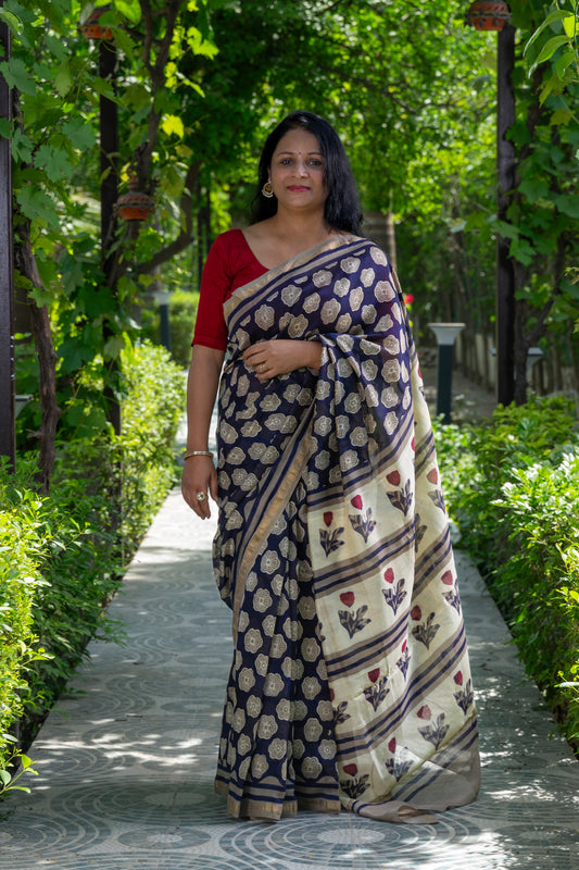 DARK BLUE GREY FLOWER BLOCK PRINT CHANDERI SARI