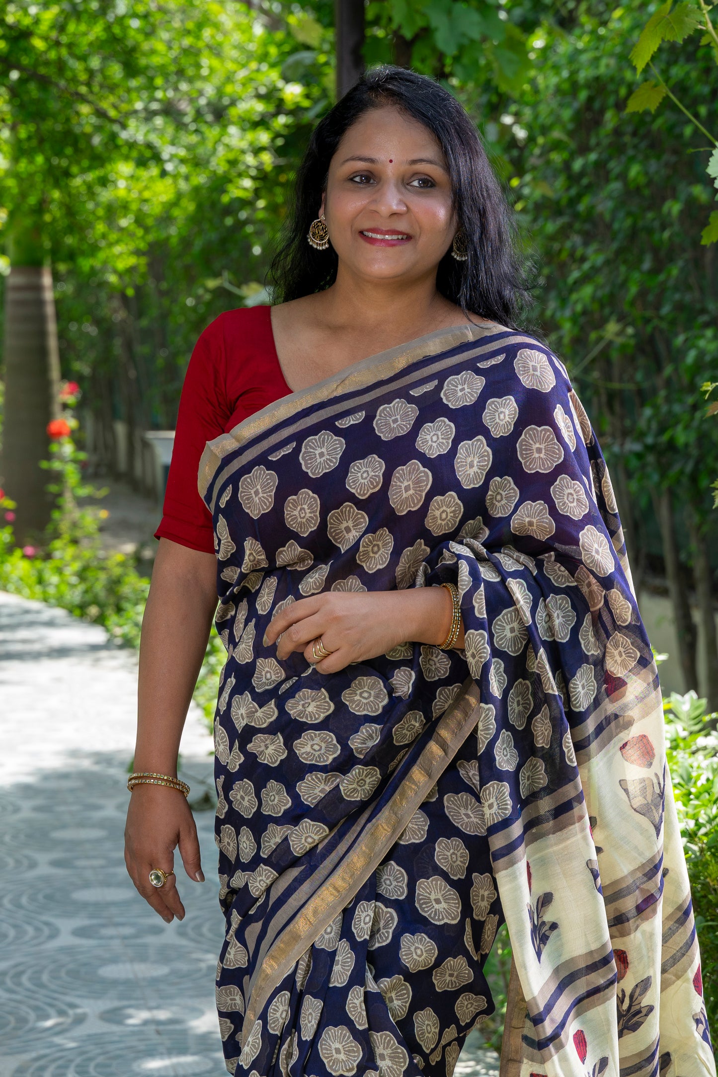 DARK BLUE GREY FLOWER BLOCK PRINT CHANDERI SARI