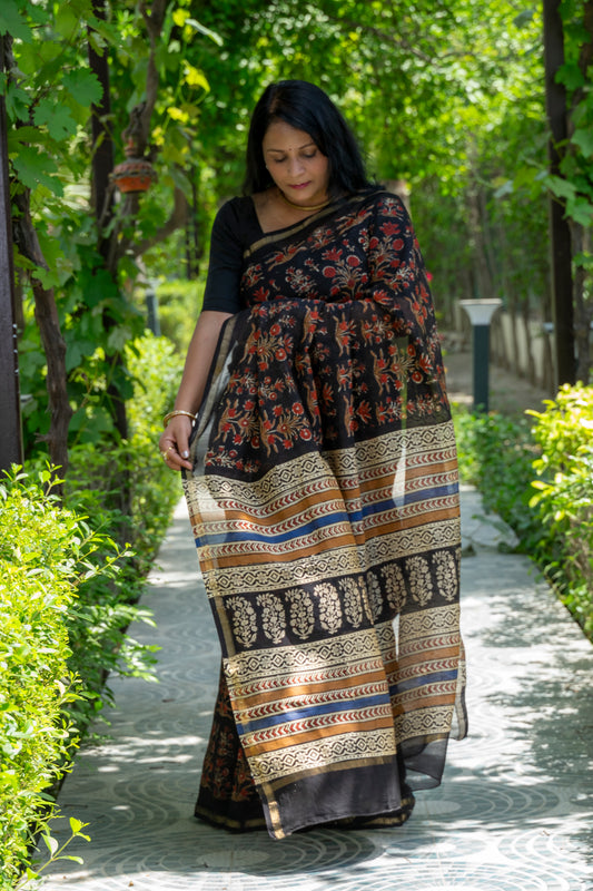 BLACK FLORAL BLOCK PRINT CHANDERI SARI