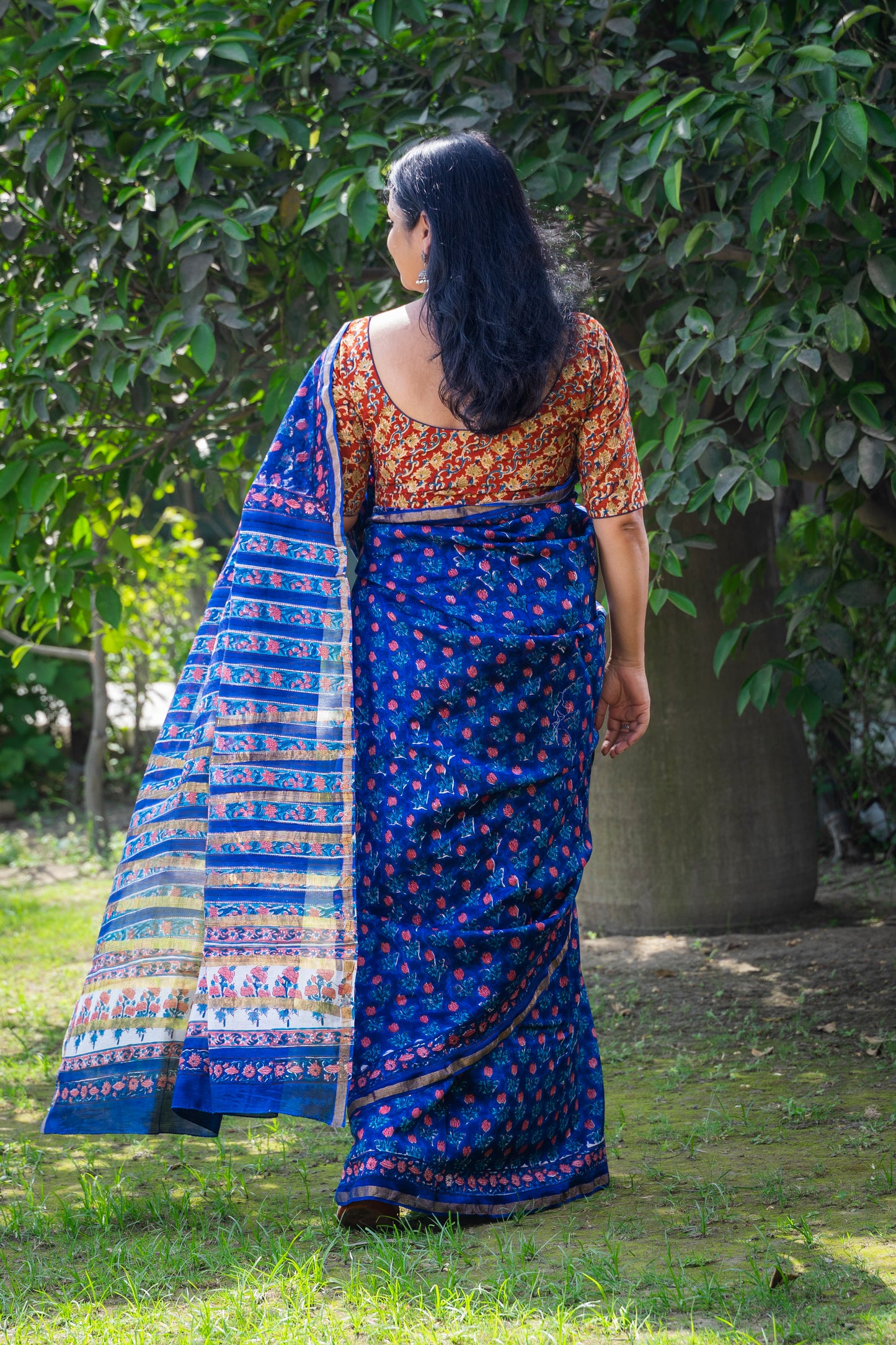 BLUE RED FLORAL HAND BLOCK PRINT CHANDERI SARI