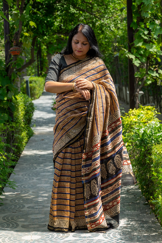 BLUE RED BLOCK PRINTED CHANDERI SARI
