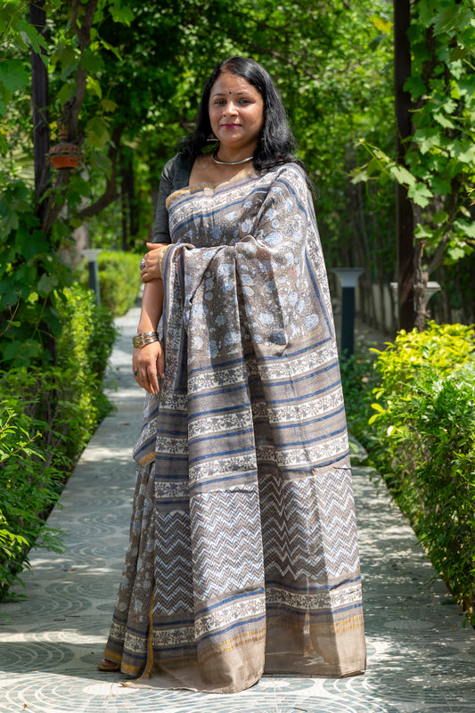 INDIGO GREY FLORAL BLOCK PRINT CHANDERI SARI