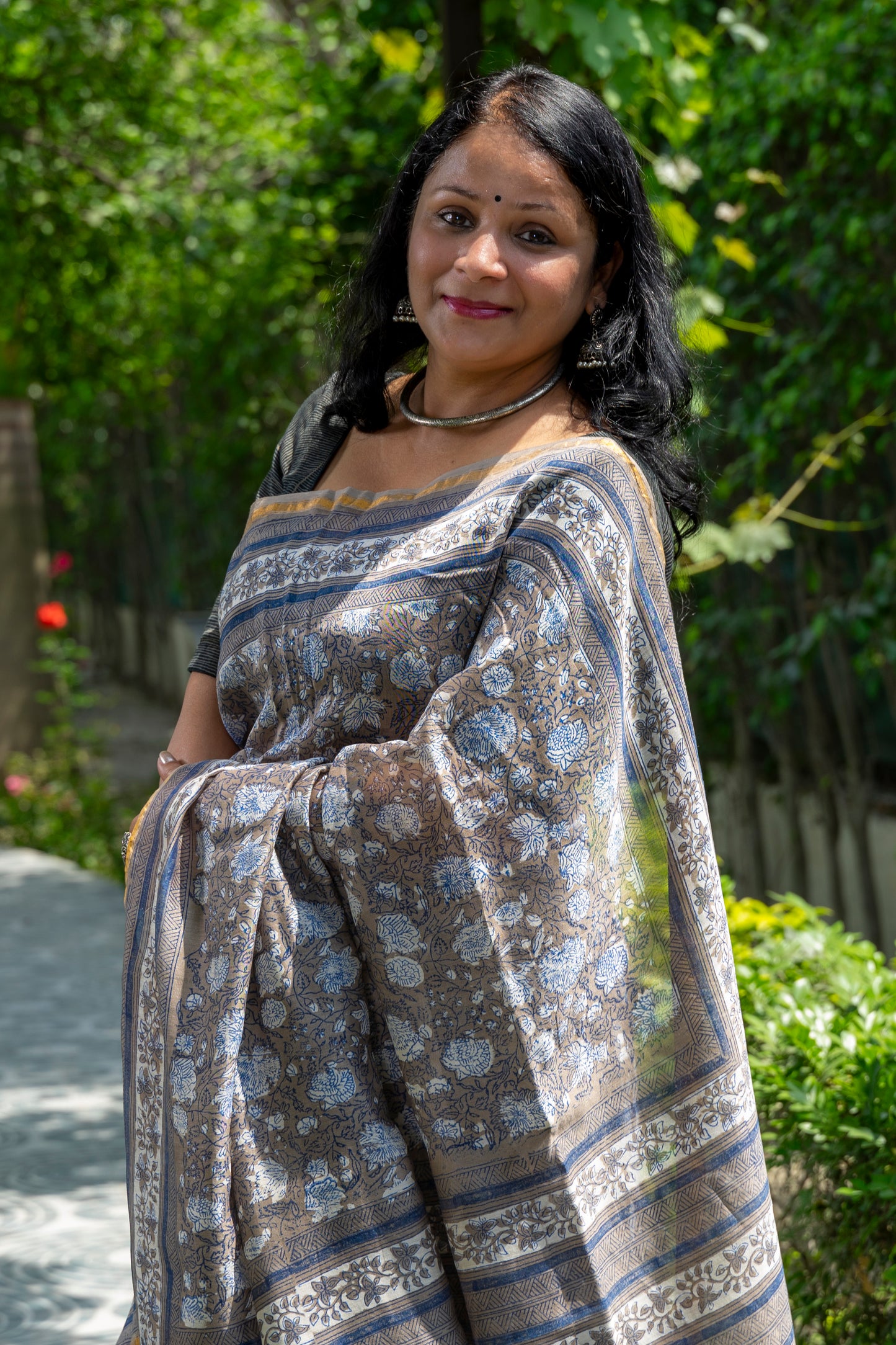 INDIGO GREY FLORAL BLOCK PRINT CHANDERI SARI