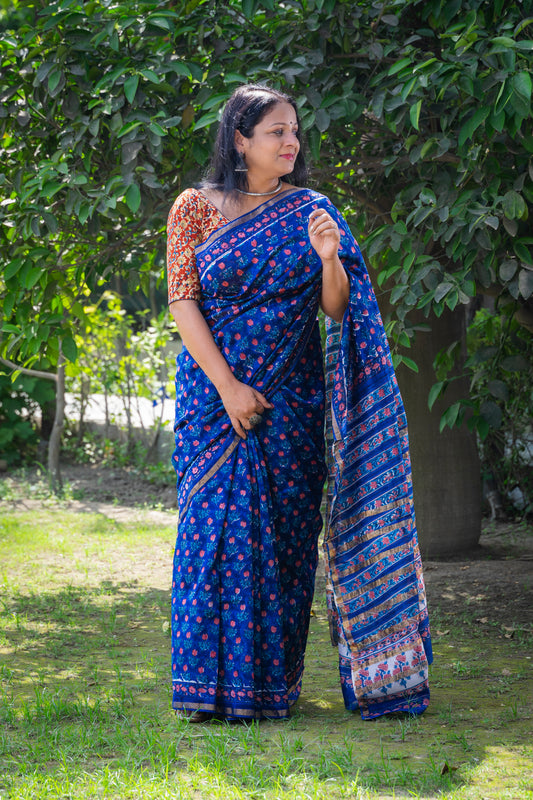 BLUE RED FLORAL HAND BLOCK PRINT CHANDERI SARI