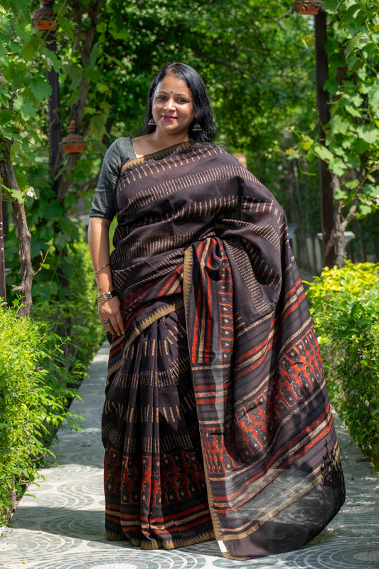 BLACK WITH KHADI BLOCK PRINT CHANDERI SARI