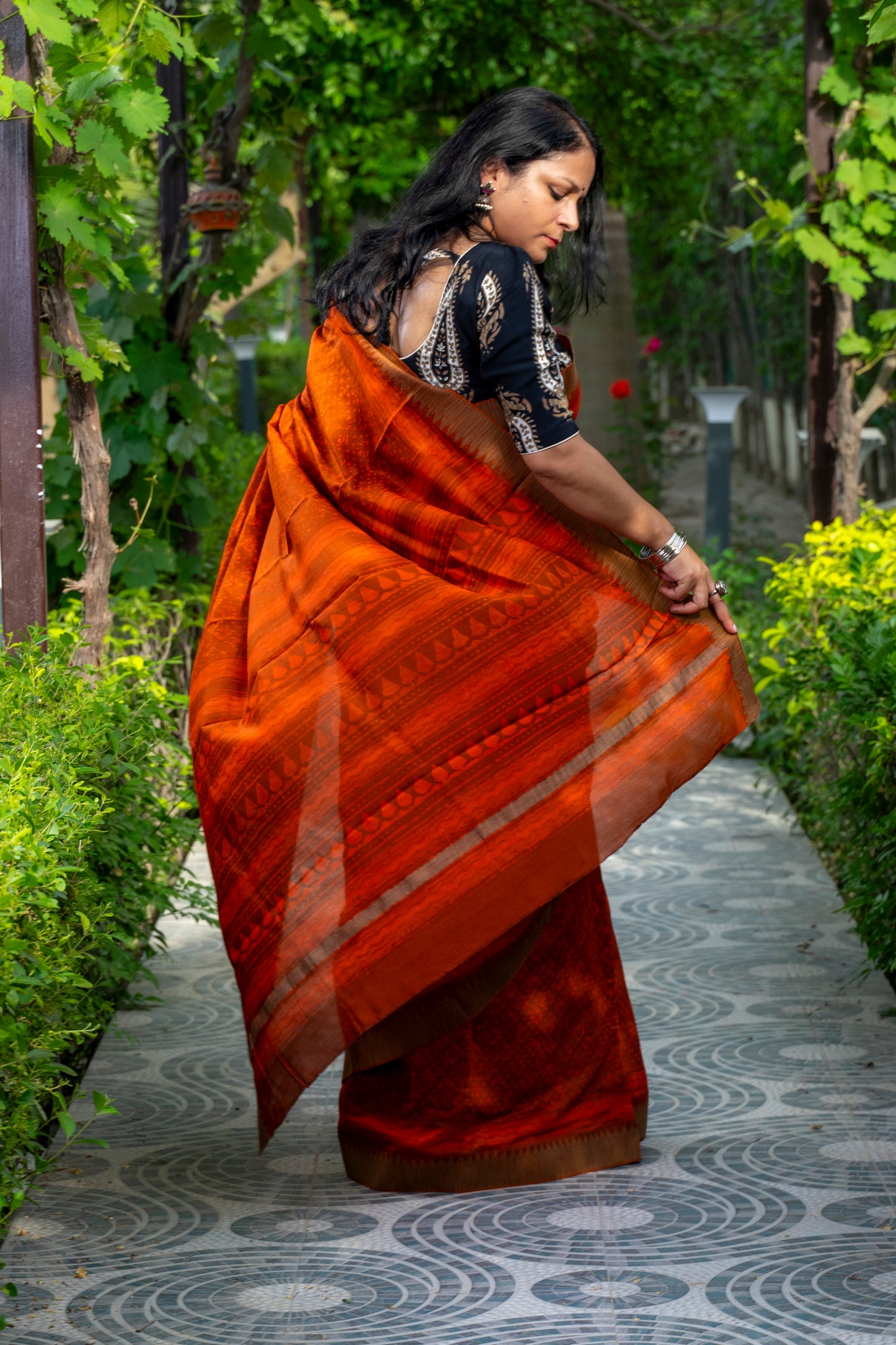 HOT ORANGE BLOCK PRINT CHANDERI SARI