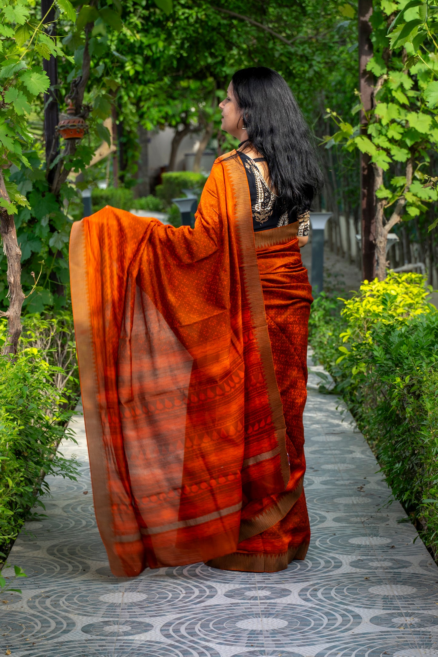 HOT ORANGE BLOCK PRINT CHANDERI SARI