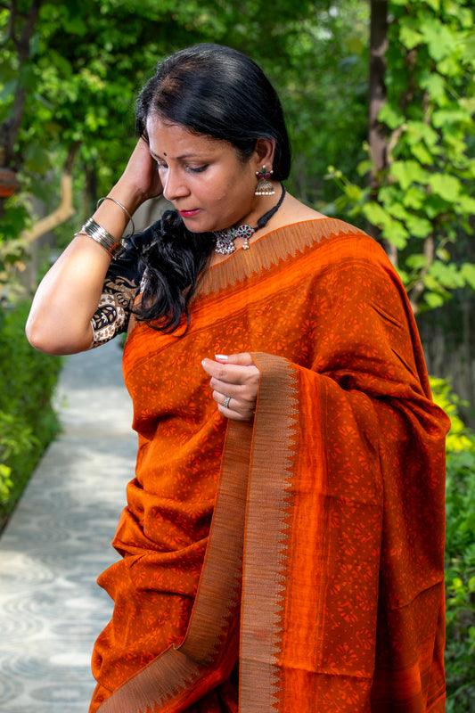 HOT ORANGE BLOCK PRINT CHANDERI SARI