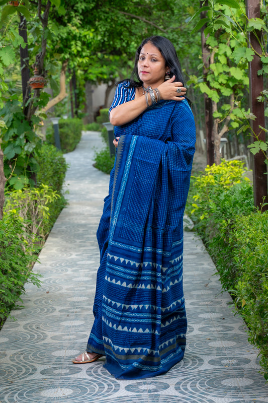 INDIGO WHITE CHECK BLOCK PRINT CHANDERI SARI